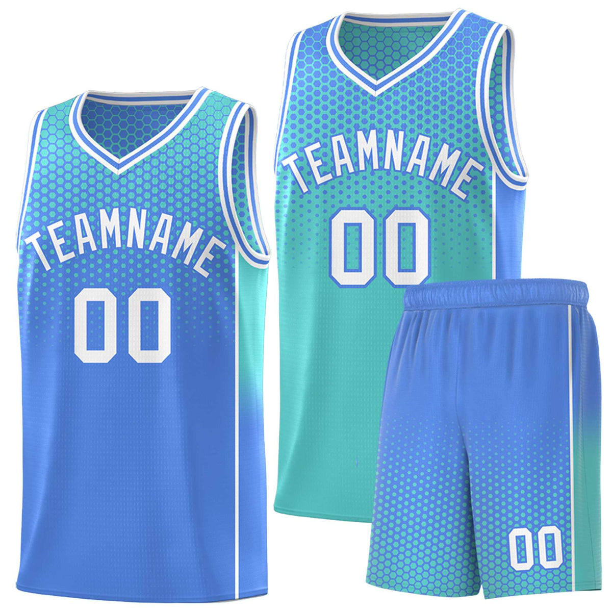 Custom Bright Green Light Blue Reversible Side Gradient Sports Uniform Dot Pattern Basketball Jersey Kits