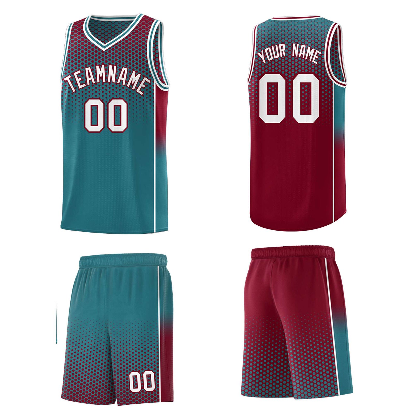 Custom Teal Crimson Reversible Side Gradient Sports Uniform Dot Pattern Basketball Jersey Kits