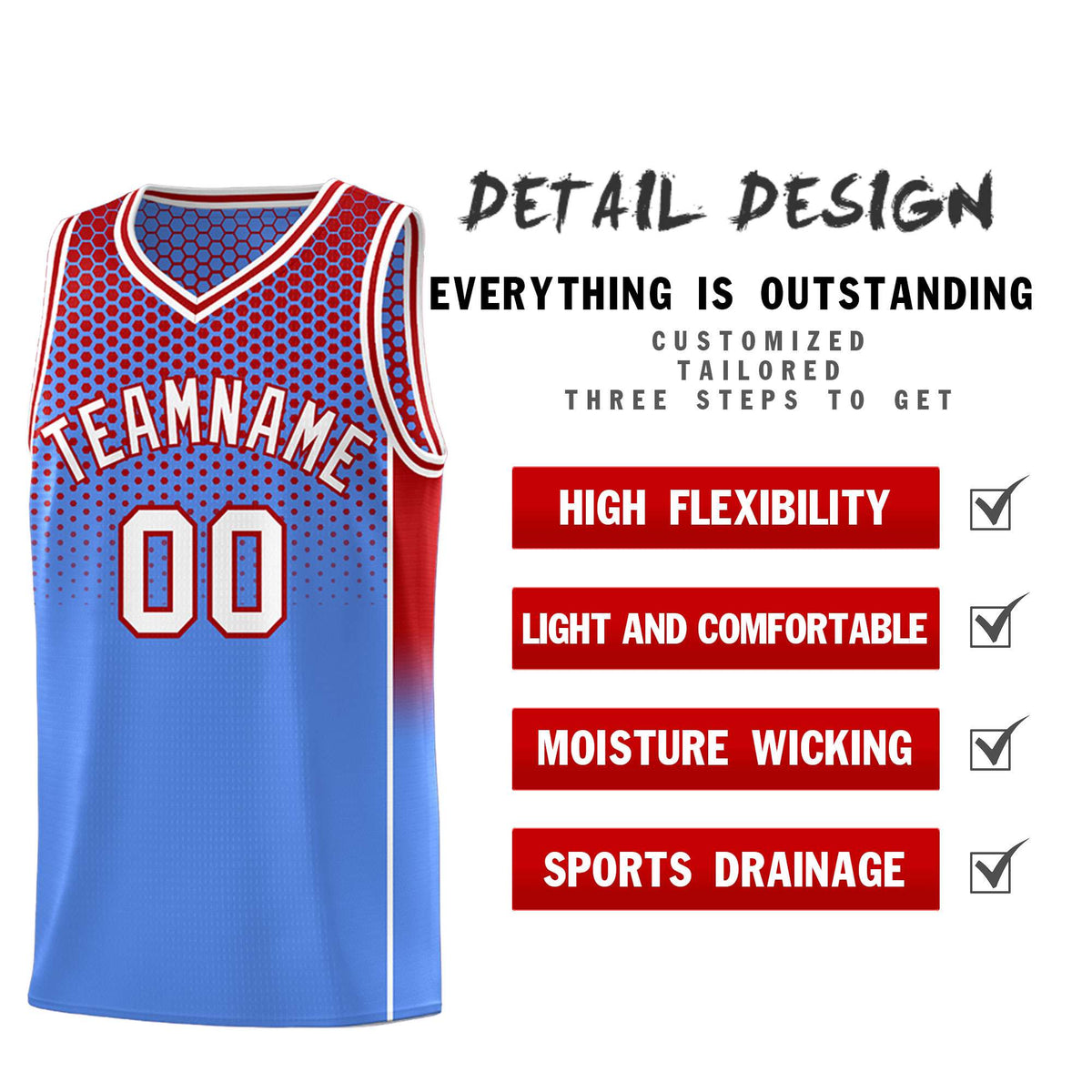 Custom Light Blue Red Reversible Side Gradient Sports Uniform Dot Pattern Basketball Jersey Kits