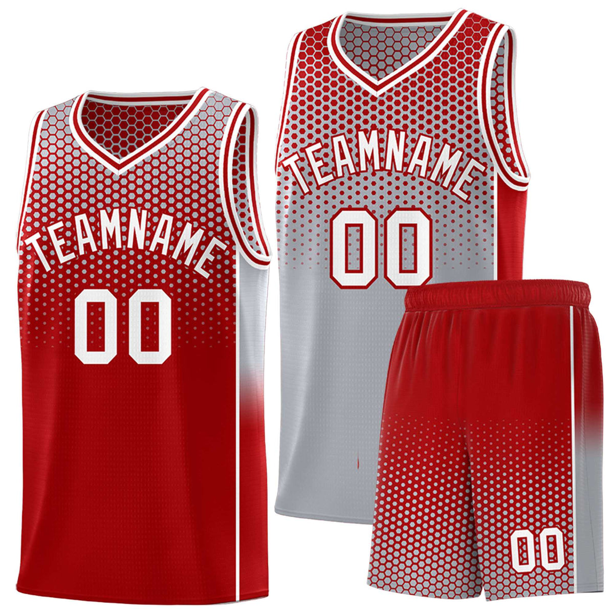 Custom Gray Red Reversible Side Gradient Sports Uniform Dot Pattern Basketball Jersey Kits