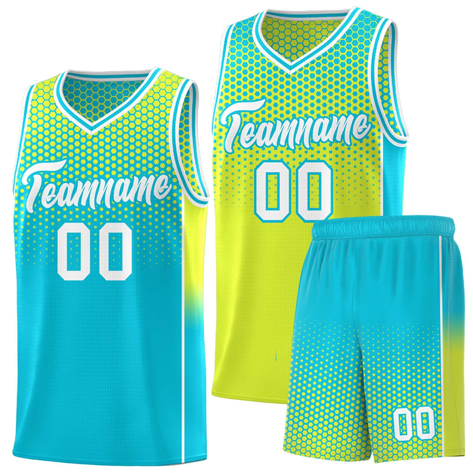 Custom Fluorescent Green Sky Blue Reversible Side Gradient Sports Uniform Dot Pattern Basketball Jersey Kits
