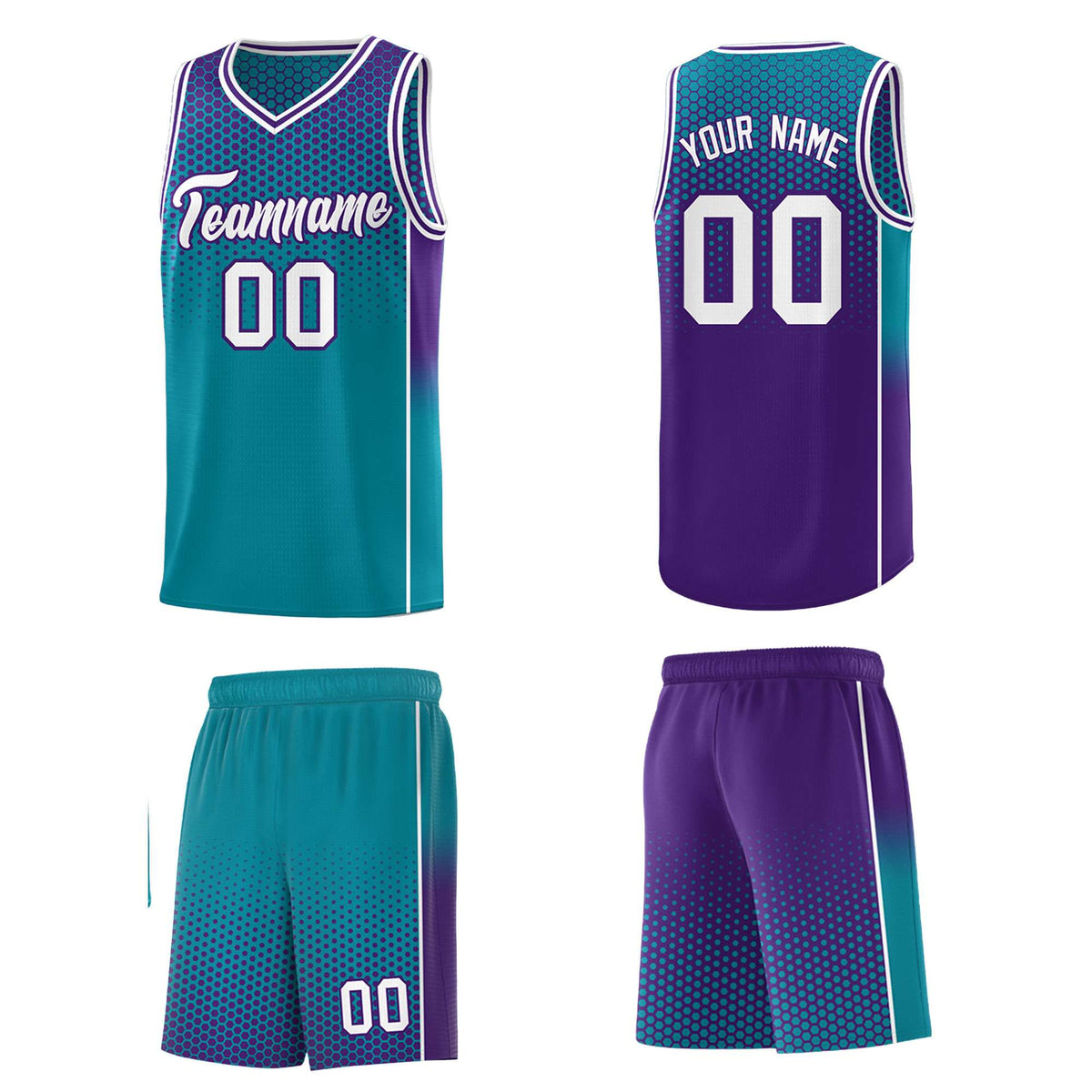 Custom Teal Purple Reversible Side Gradient Sports Uniform Dot Pattern Basketball Jersey Kits