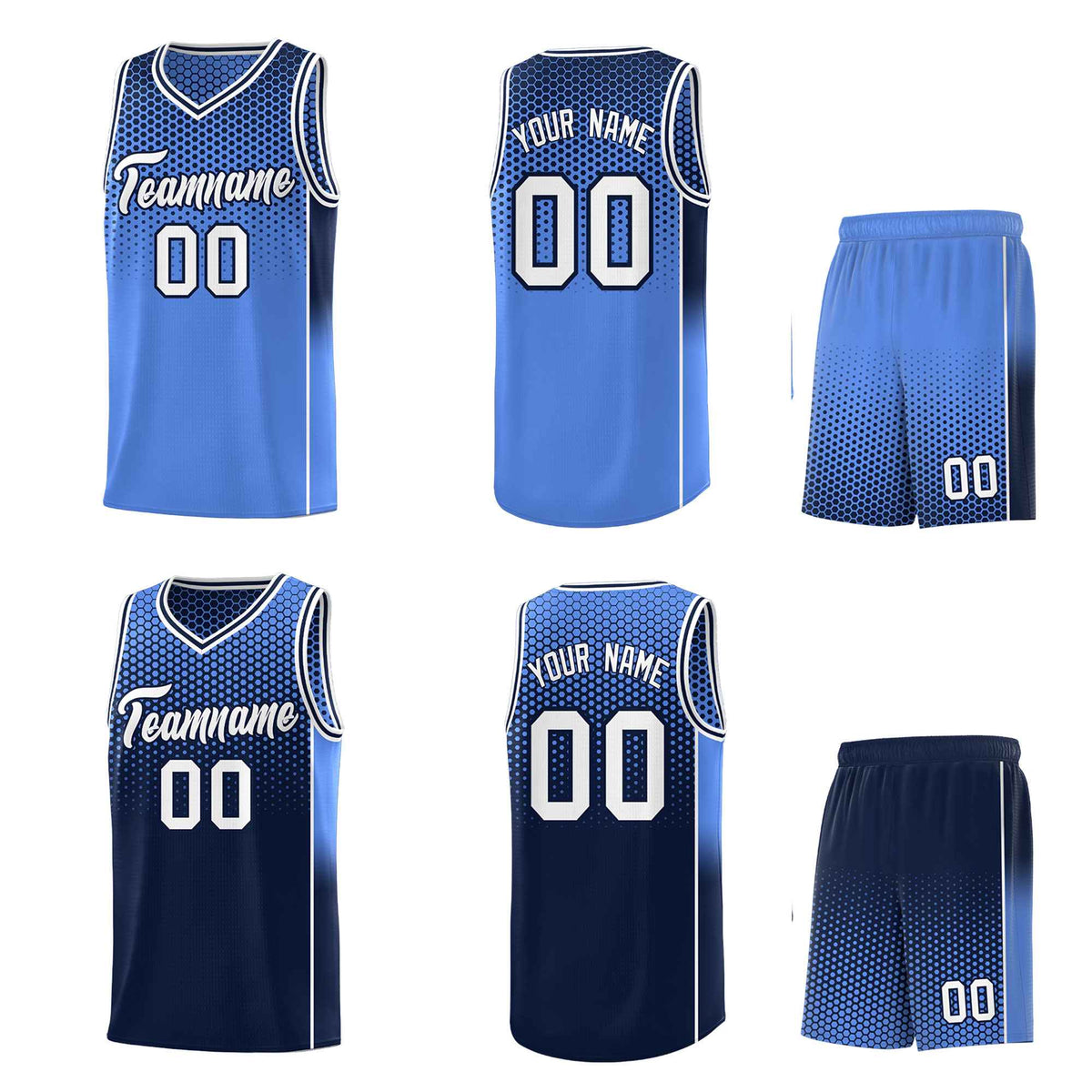 Custom Light Blue Navy Reversible Side Gradient Sports Uniform Dot Pattern Basketball Jersey Kits