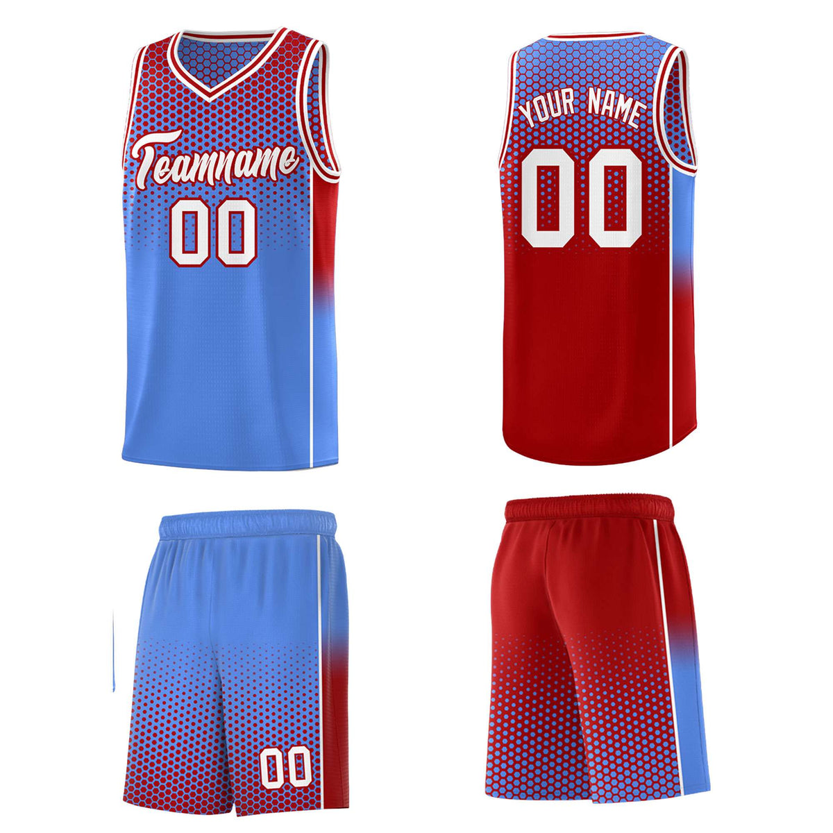Custom Light Blue Red Reversible Side Gradient Sports Uniform Dot Pattern Basketball Jersey Kits