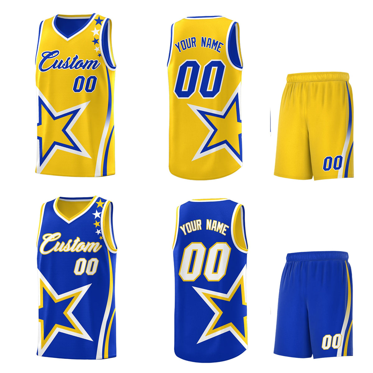 Custom Royal Blue Gold White Star Series Reversible Sets Basketball Jersey| KXKSHOP