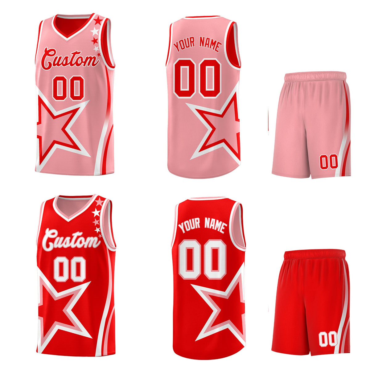 Custom Light Red Light Pink White Star Series Reversible Sets Basketball Jersey| KXKSHOP