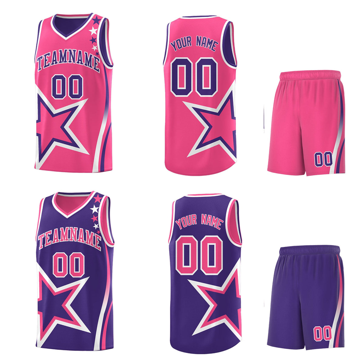 Custom Purple Pink White Star Series Reversible Sets Basketball Jersey| KXKSHOP