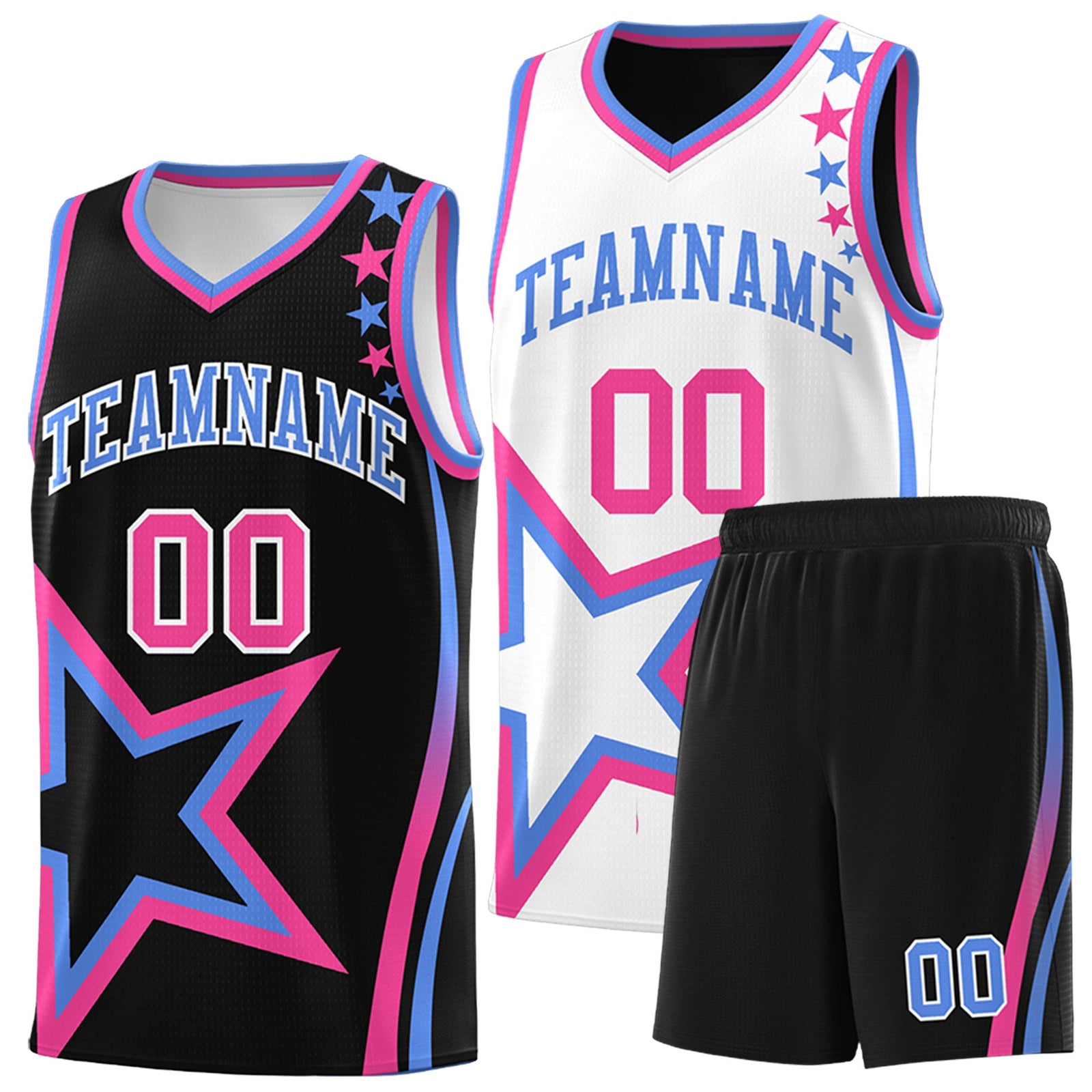 Custom Black Light Blue Pink Star Series Reversible Sets Basketball Jersey| KXKSHOP