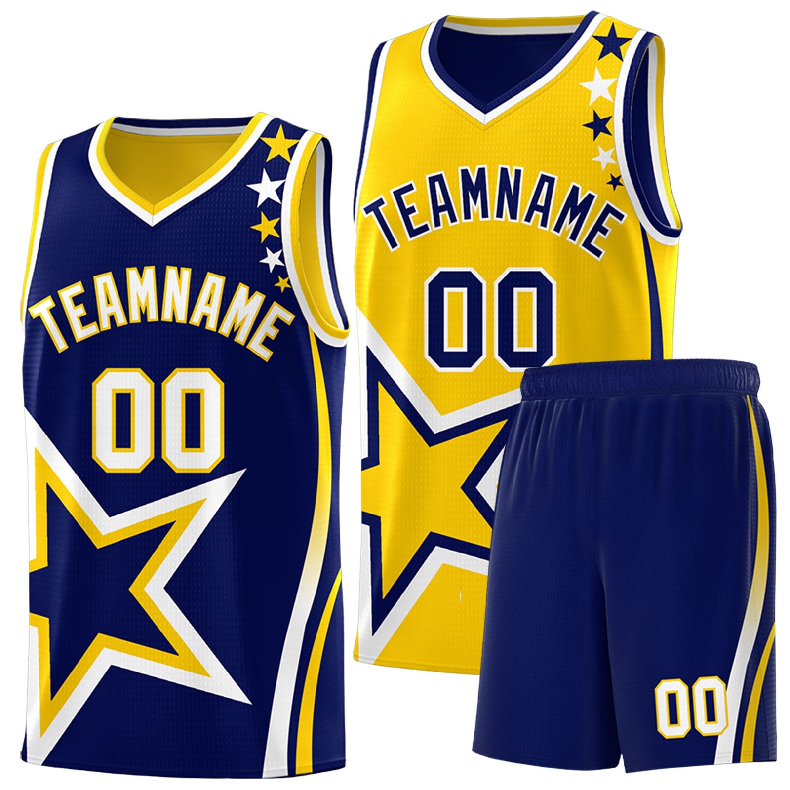 Custom Navy Gold White Star Series Reversible Sets Basketball Jersey| KXKSHOP