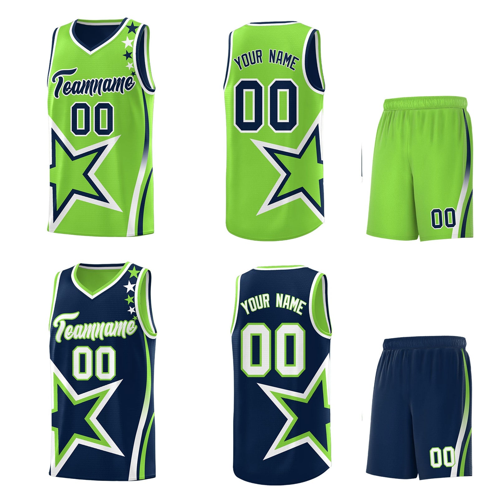 Custom Navy Fluorescent Green White Star Series Reversible Sets Basketball Jersey| KXKSHOP
