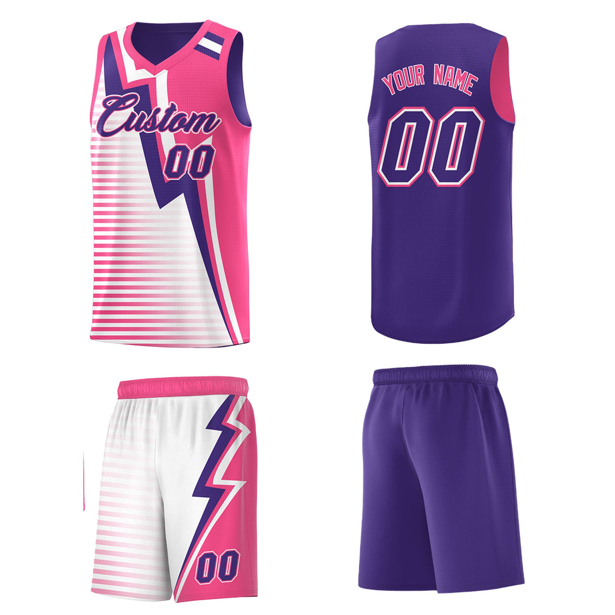 Custom Purple Pink White Gradient Stripes Lightning Pattern Reversible Sets Basketball Jersey| KXKSHOP