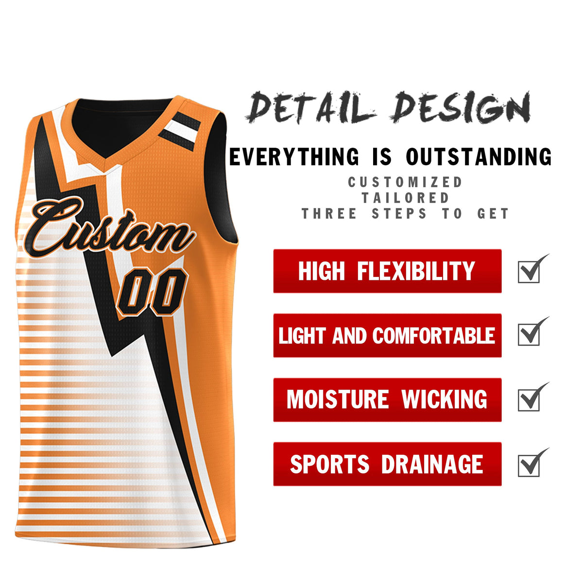 Custom Black Gold Orange White Gradient Stripes Lightning Pattern Reversible Sets Basketball Jersey| KXKSHOP