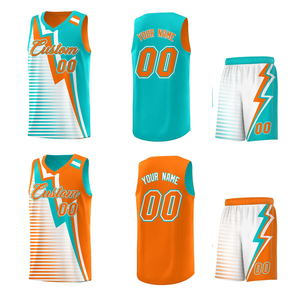 Custom Orange Aqua White Gradient Stripes Lightning Pattern Reversible Sets Basketball Jersey| KXKSHOP