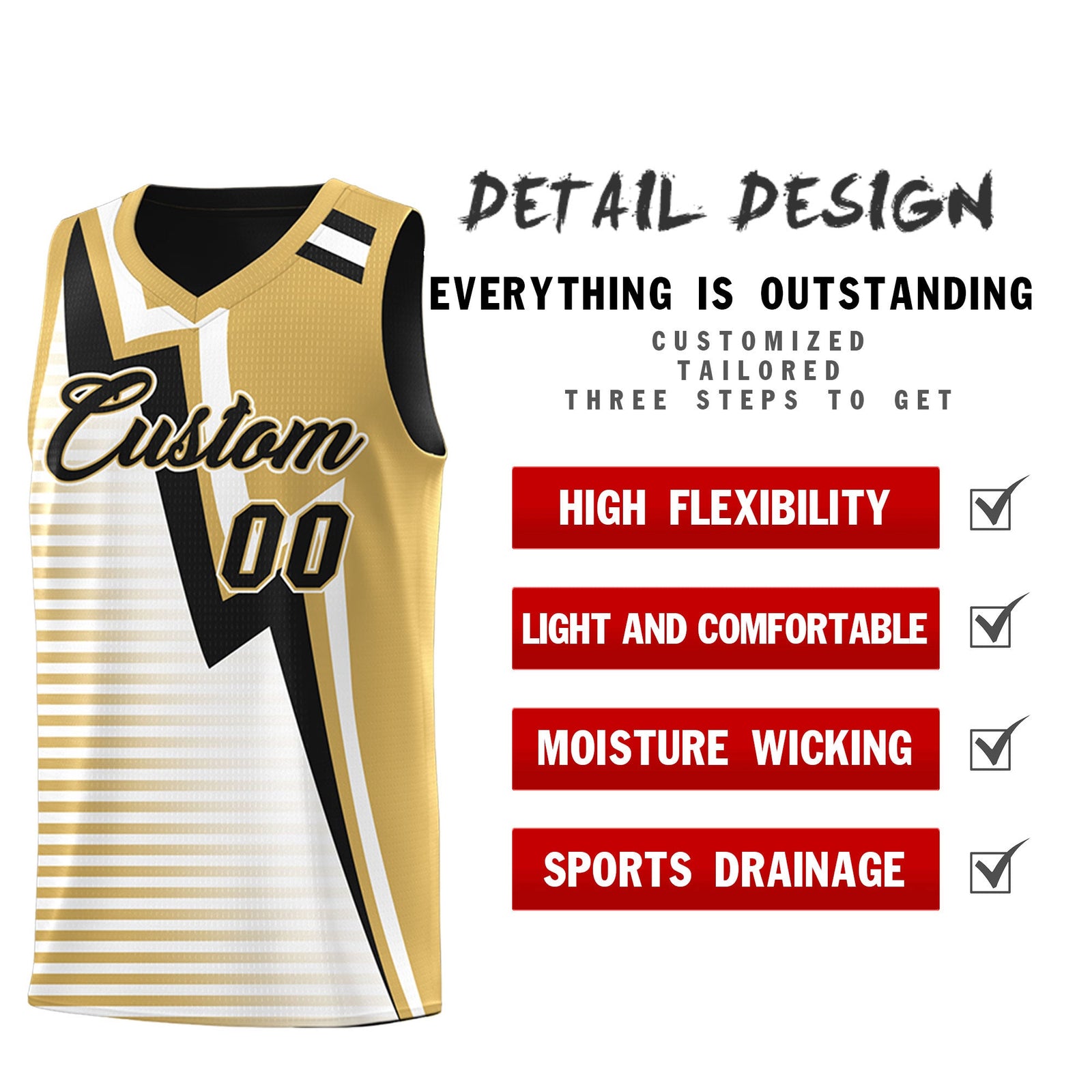 Custom Black Old Gold White Gradient Stripes Lightning Pattern Reversible Sets Basketball Jersey| KXKSHOP