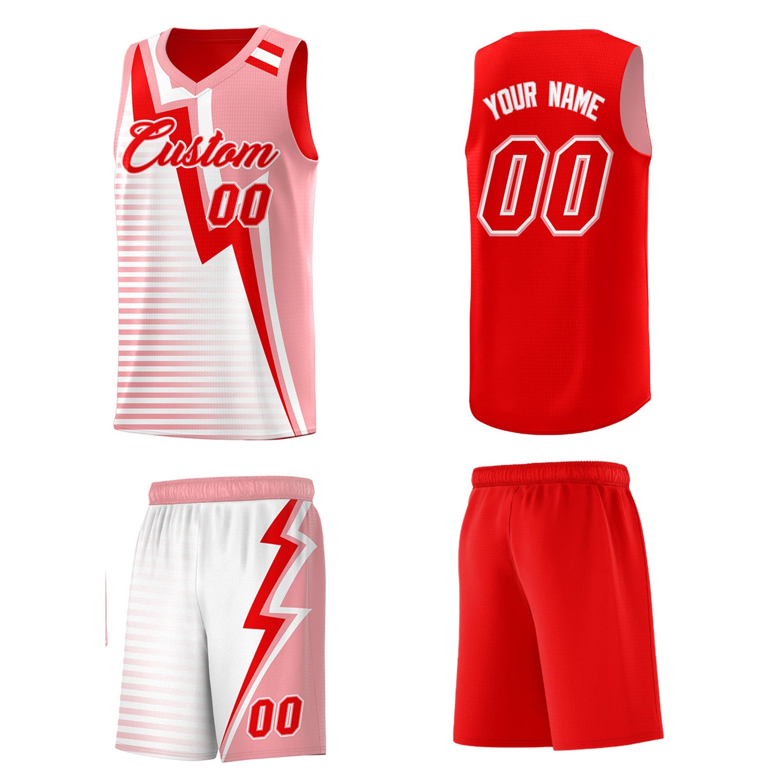 Custom Light Red Light Pink White Gradient Stripes Lightning Pattern Reversible Sets Basketball Jersey| KXKSHOP