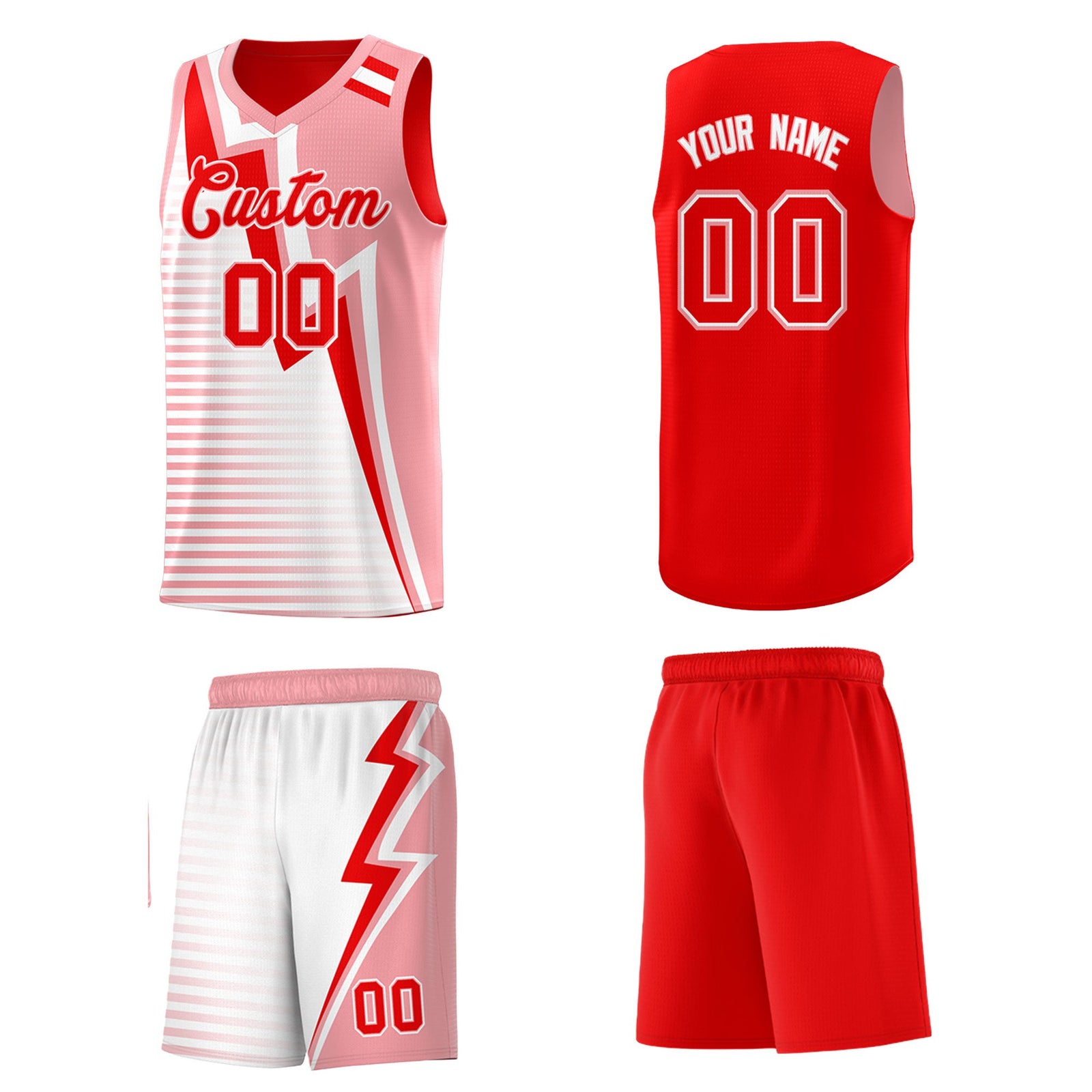Custom Light Red Light Pink White Gradient Stripes Lightning Pattern Reversible Sets Basketball Jersey| KXKSHOP