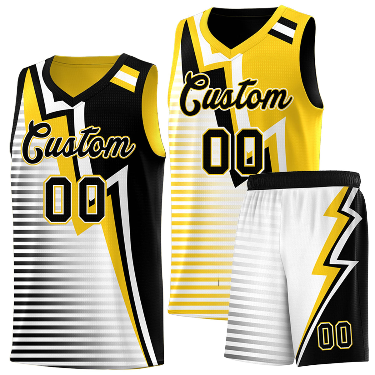 Custom Black Gold White Gradient Stripes Lightning Pattern Reversible Sets Basketball Jersey| KXKSHOP