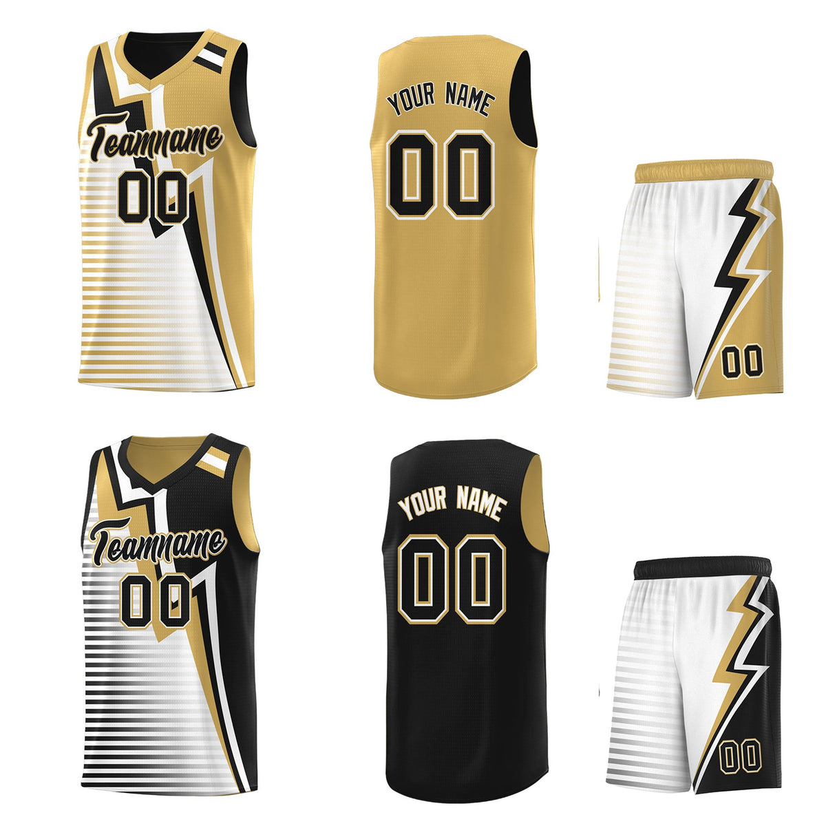 Custom Black Old Gold White Gradient Stripes Lightning Pattern Reversible Sets Basketball Jersey| KXKSHOP