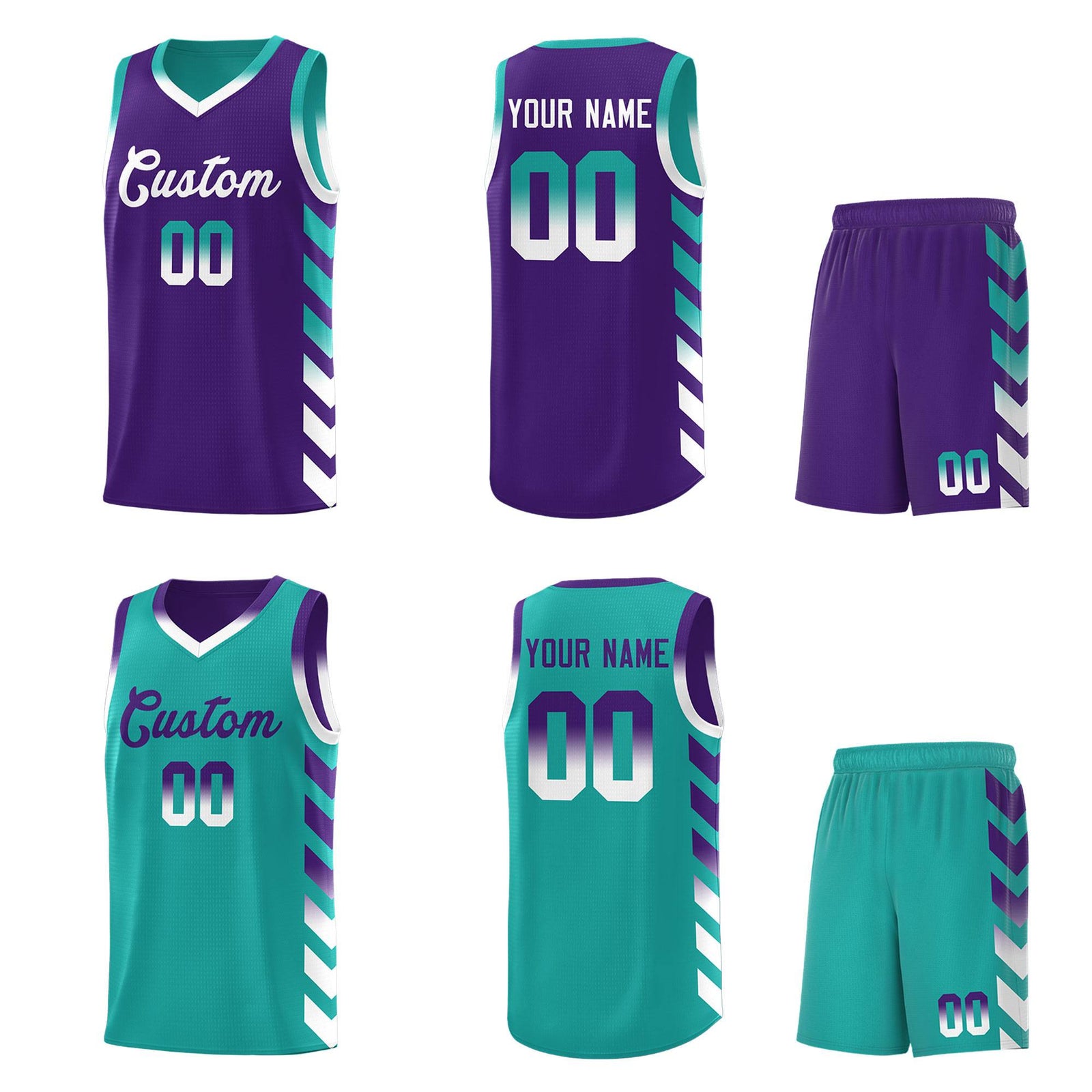 Custom Aqua Purple Reversible Basketball Jersey Kits - Side Arrow Purple White Gradient