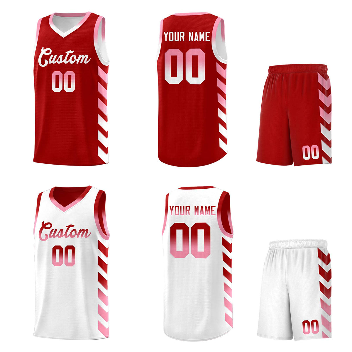 Custom White Red Reversible Basketball Jersey Kits - Side Arrow Red Light Pink Gradient