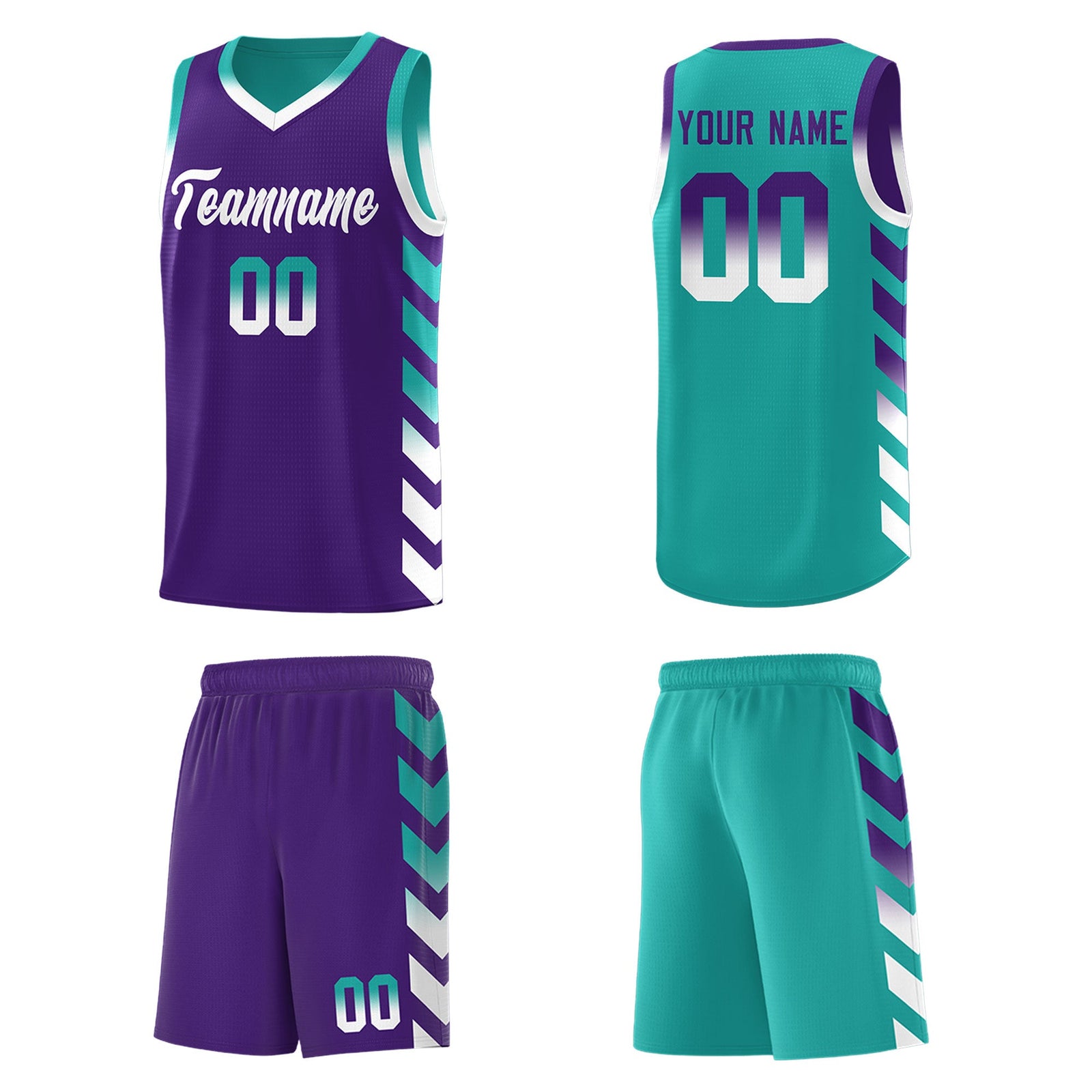 Custom Aqua Purple Reversible Basketball Jersey Kits - Side Arrow Purple White Gradient