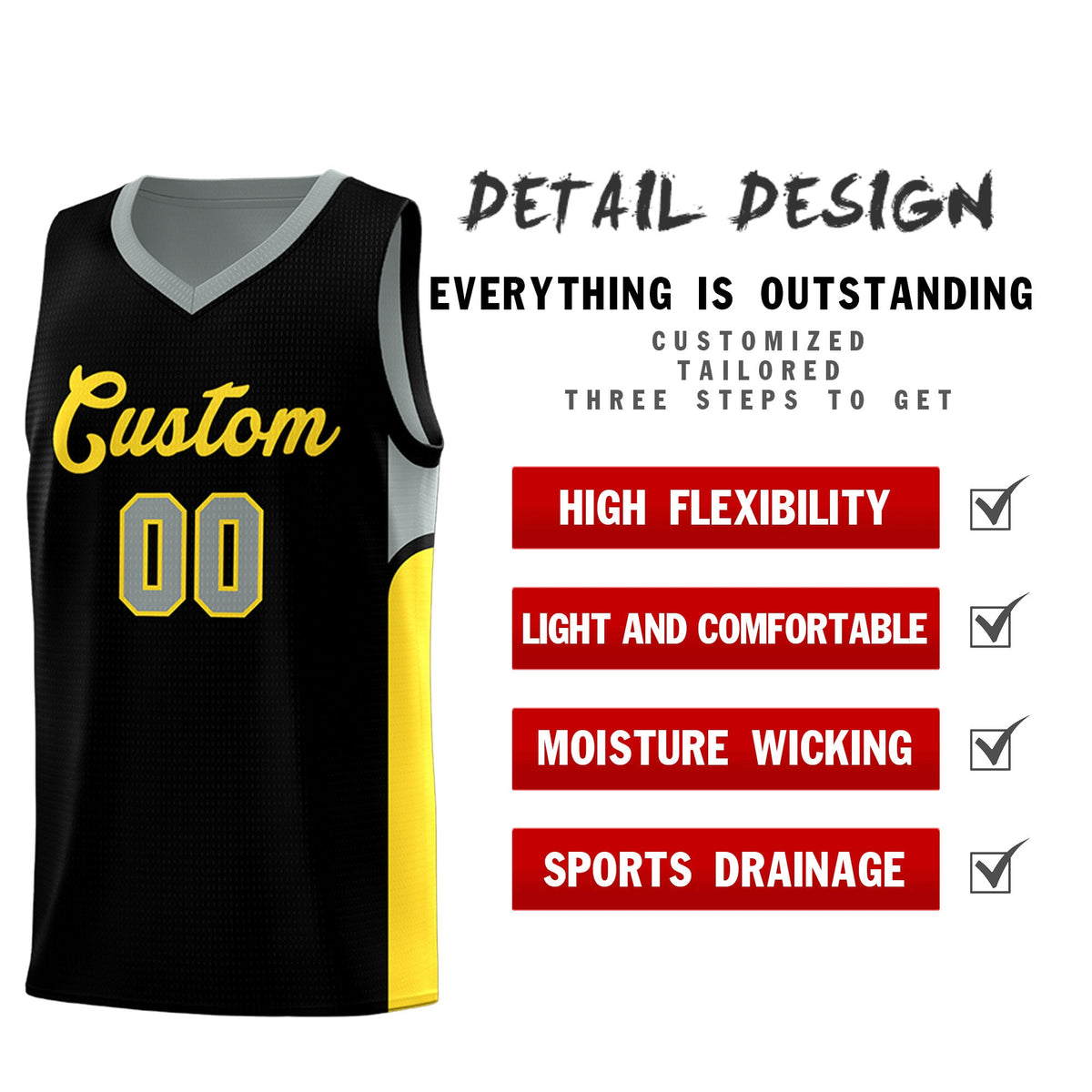 Custom Black Gray Side U-shaped Patttern Double Side Sports Uniform Basketball Jersey