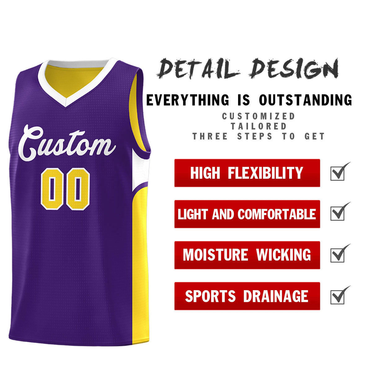 Custom Purple Gold Side U-shaped Patttern Double Side Sports Uniform Basketball Jersey