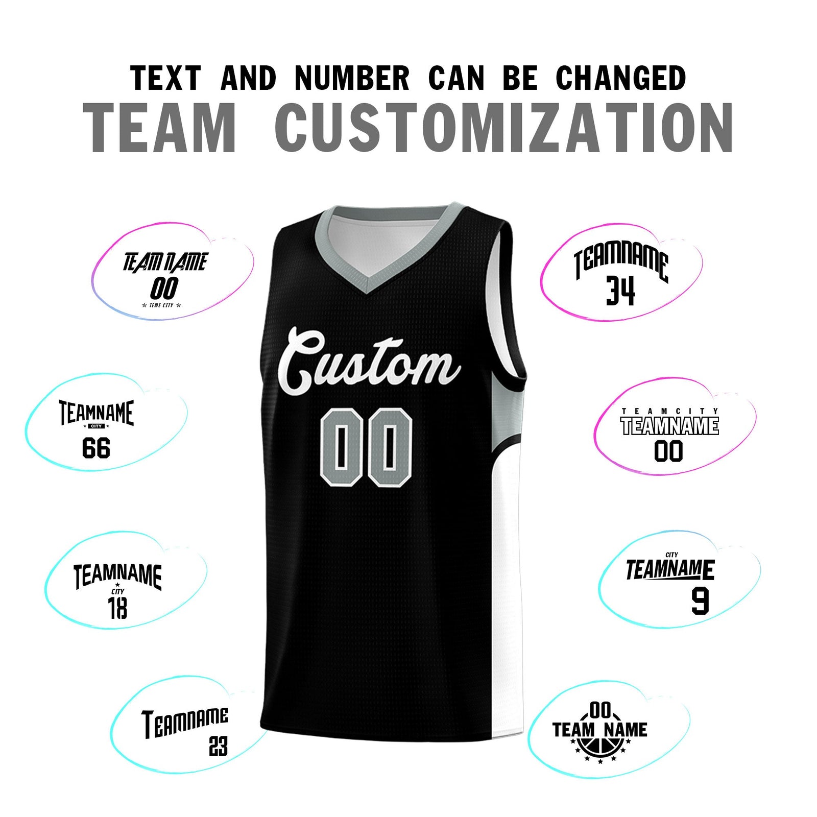 Custom Black White Side U-shaped Patttern Double Side Sports Uniform Basketball Jersey