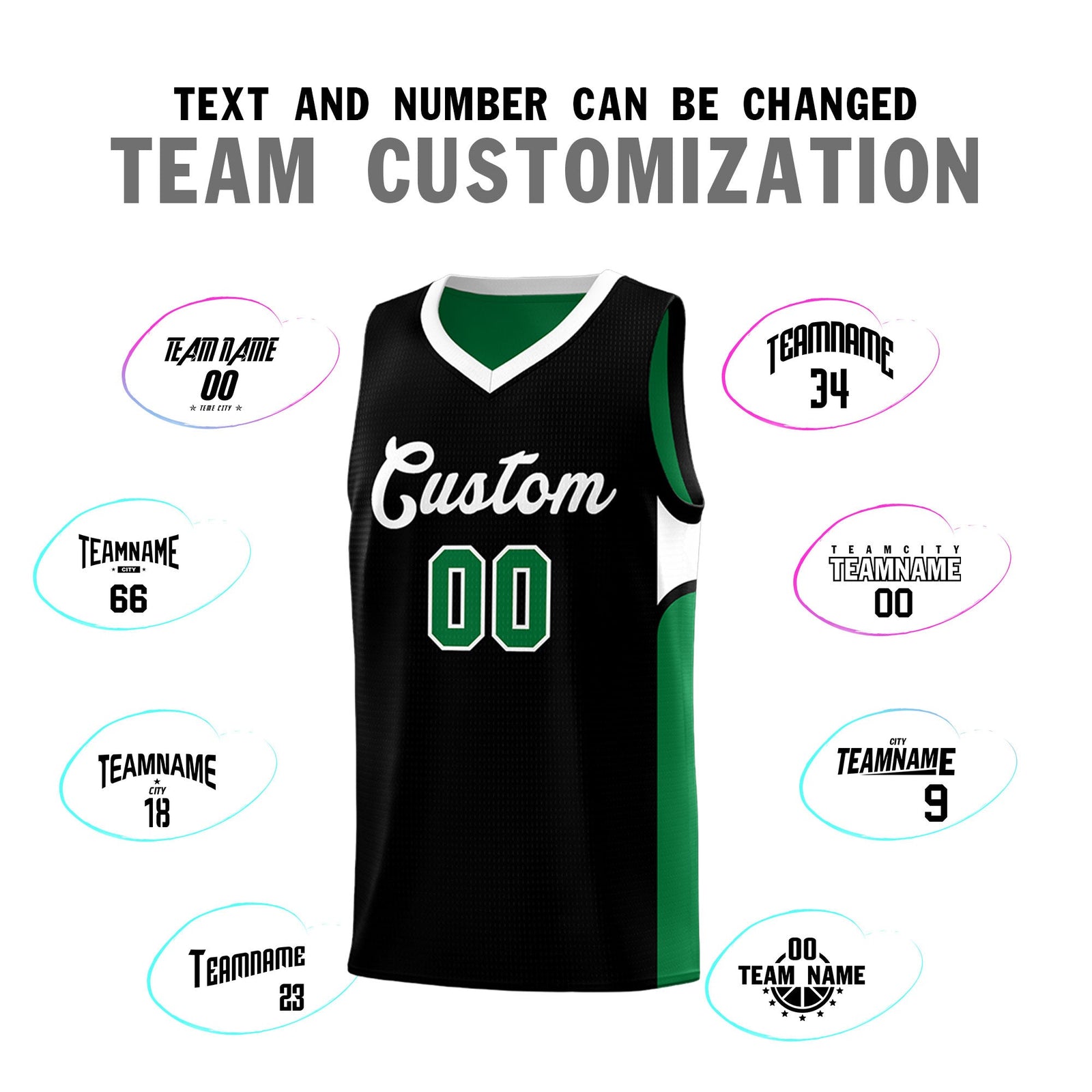 Custom Black Kelly Green Side U-shaped Patttern Double Side Sports Uniform Basketball Jersey