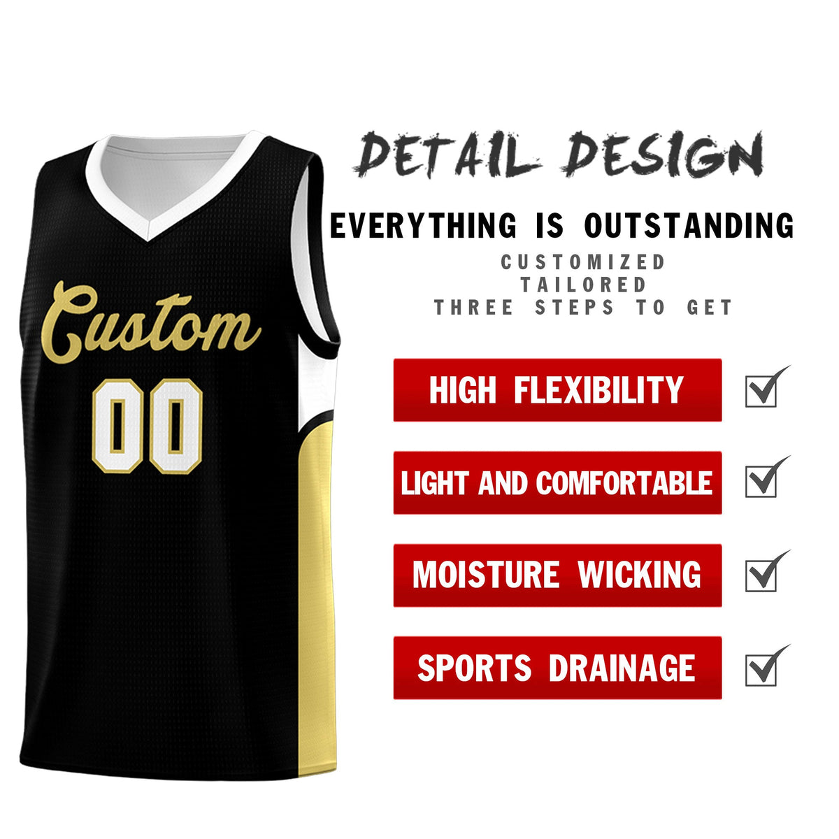 Custom Black White Side U-shaped Patttern Double Side Sports Uniform Basketball Jersey