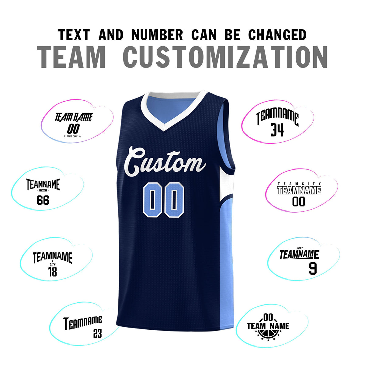 Custom Navy Light Blue Side U-shaped Patttern Double Side Sports Uniform Basketball Jersey