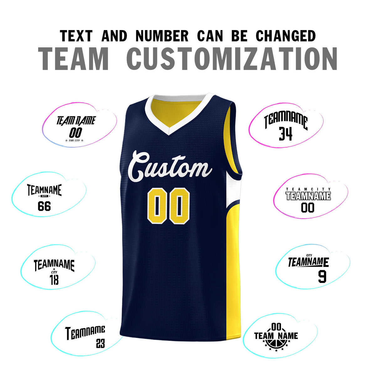 Custom Navy Gold Side U-shaped Patttern Double Side Sports Uniform Basketball Jersey