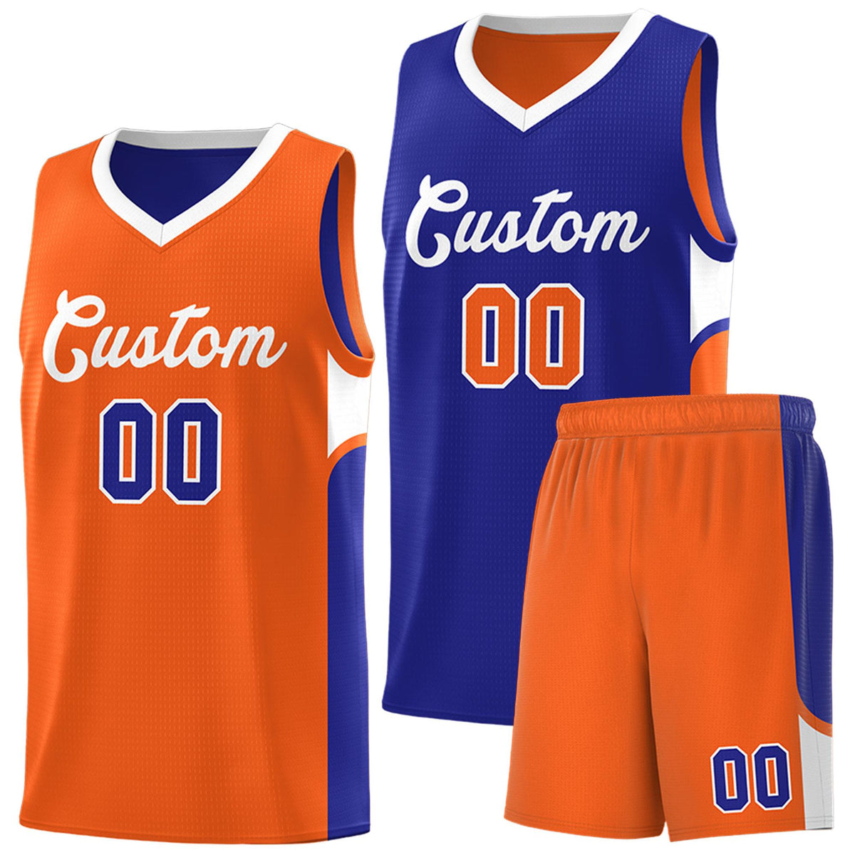 Custom Royal Orange Side U-shaped Patttern Double Side Sports Uniform Basketball Jersey