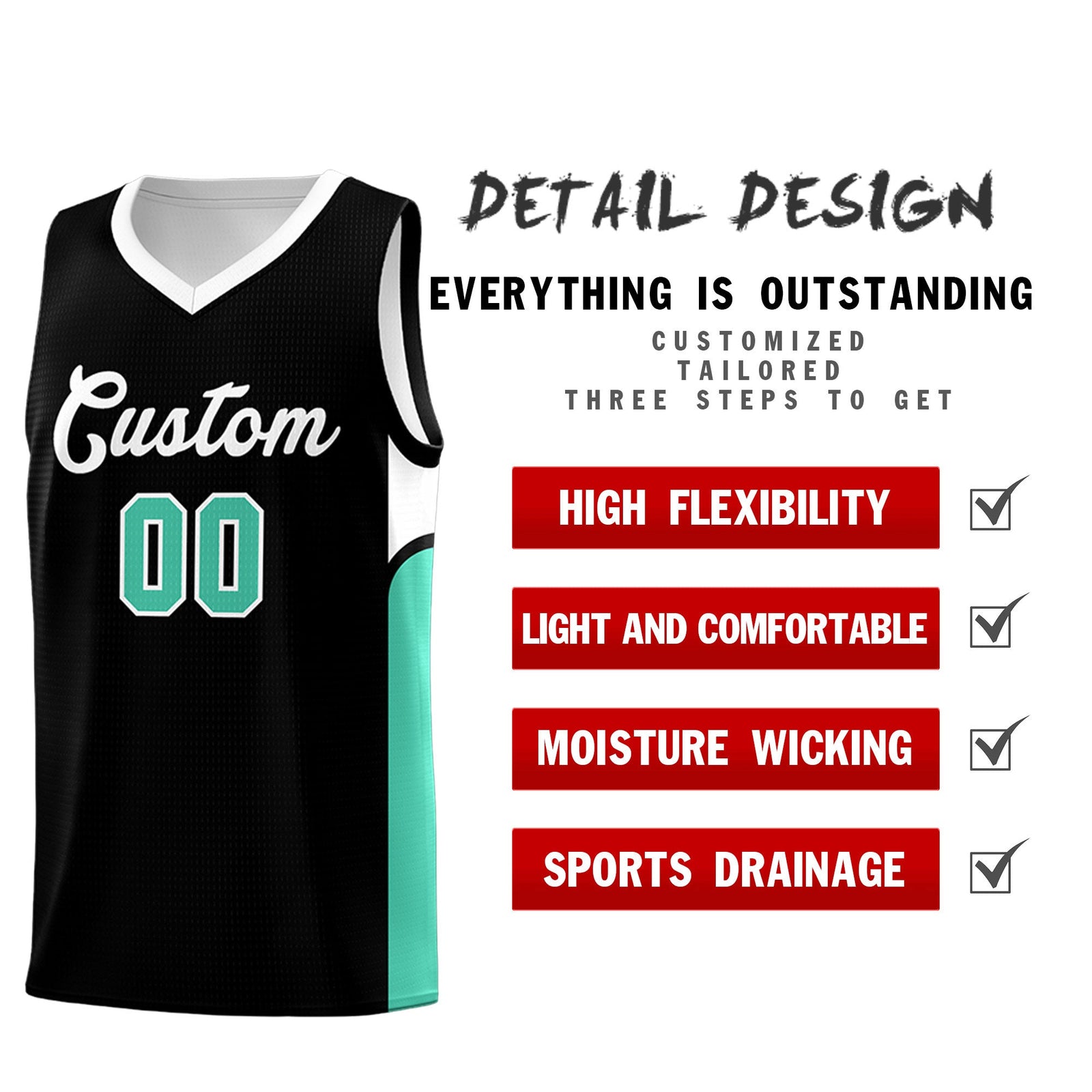 Custom Black White Side U-shaped Patttern Double Side Sports Uniform Basketball Jersey