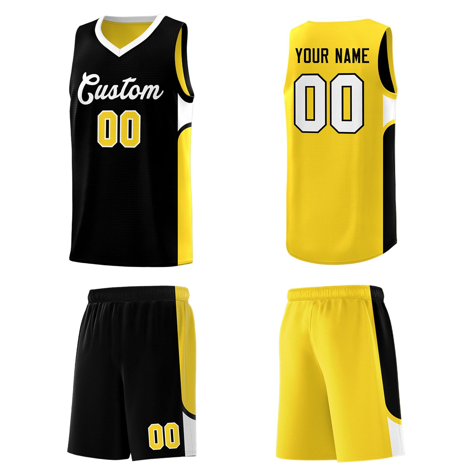 Custom Black Gold Side U-shaped Patttern Double Side Sports Uniform Basketball Jersey