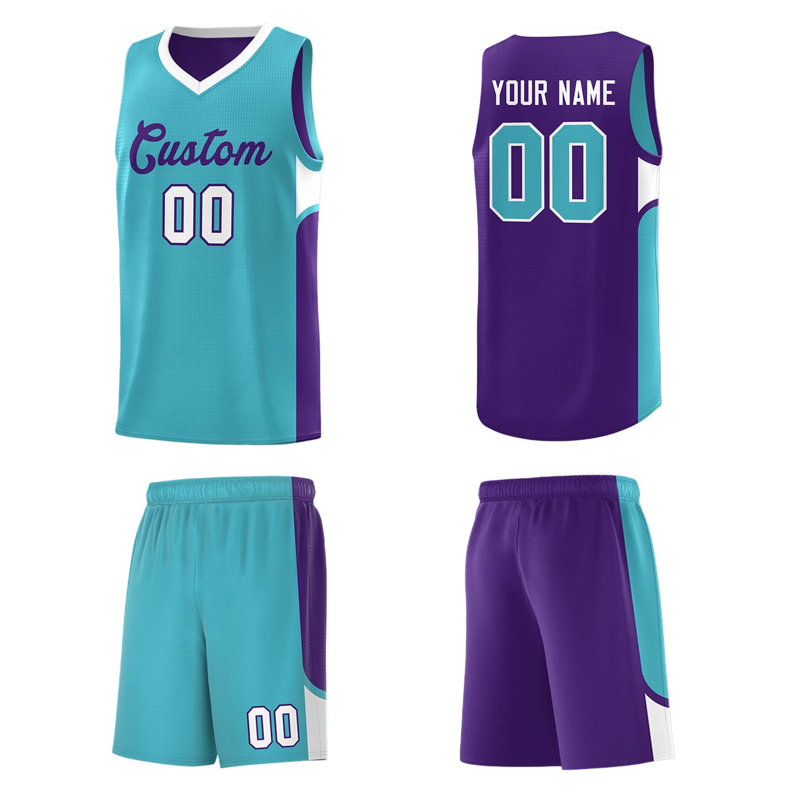 Custom Sky Blue Purple Side U-shaped Patttern Double Side Sports Uniform Basketball Jersey