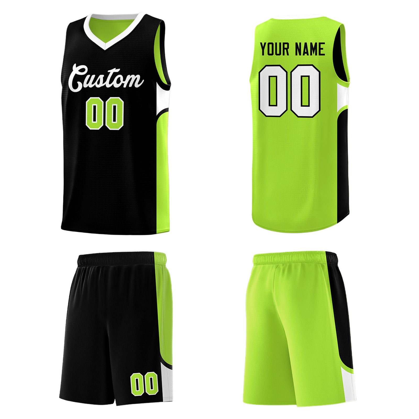 Custom Black Neon Green Side U-shaped Patttern Double Side Sports Uniform Basketball Jersey