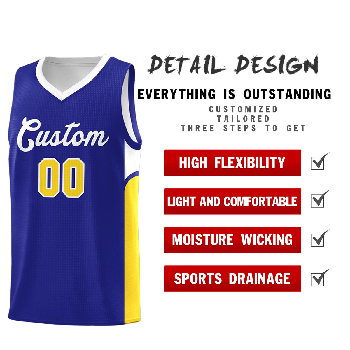 Custom Royal White Side U-shaped Patttern Double Side Sports Uniform Basketball Jersey