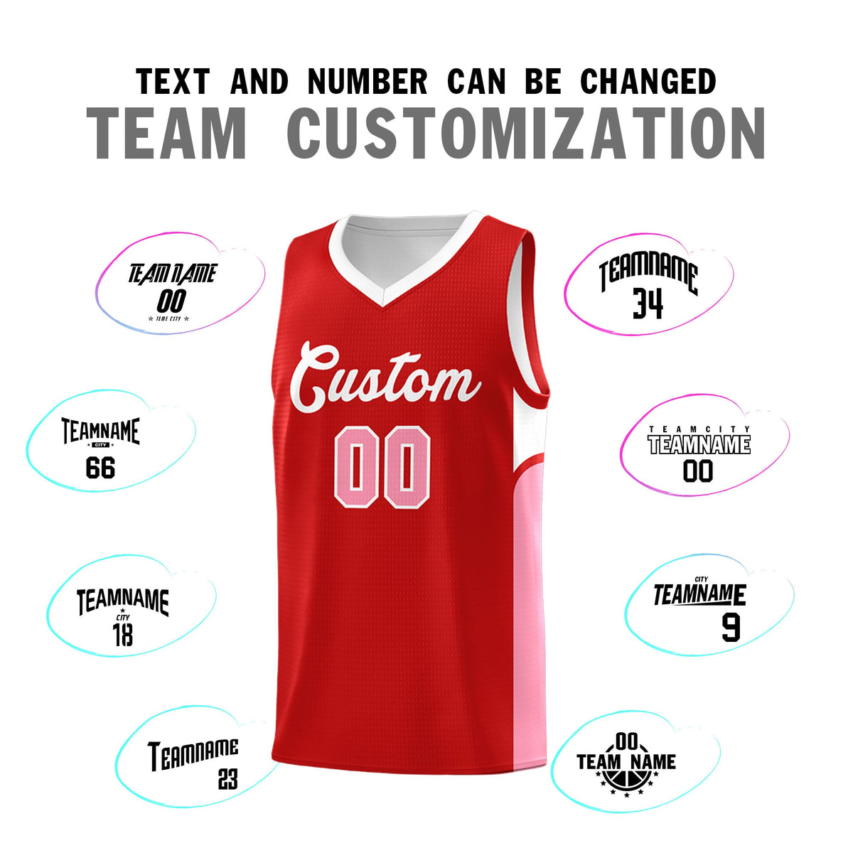 Custom Red White Side U-shaped Patttern Double Side Sports Uniform Basketball Jersey
