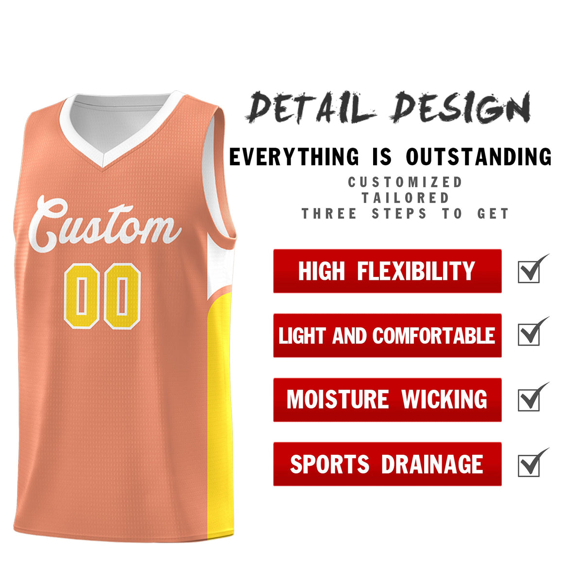 Custom Orange White Side U-shaped Patttern Double Side Sports Uniform Basketball Jersey
