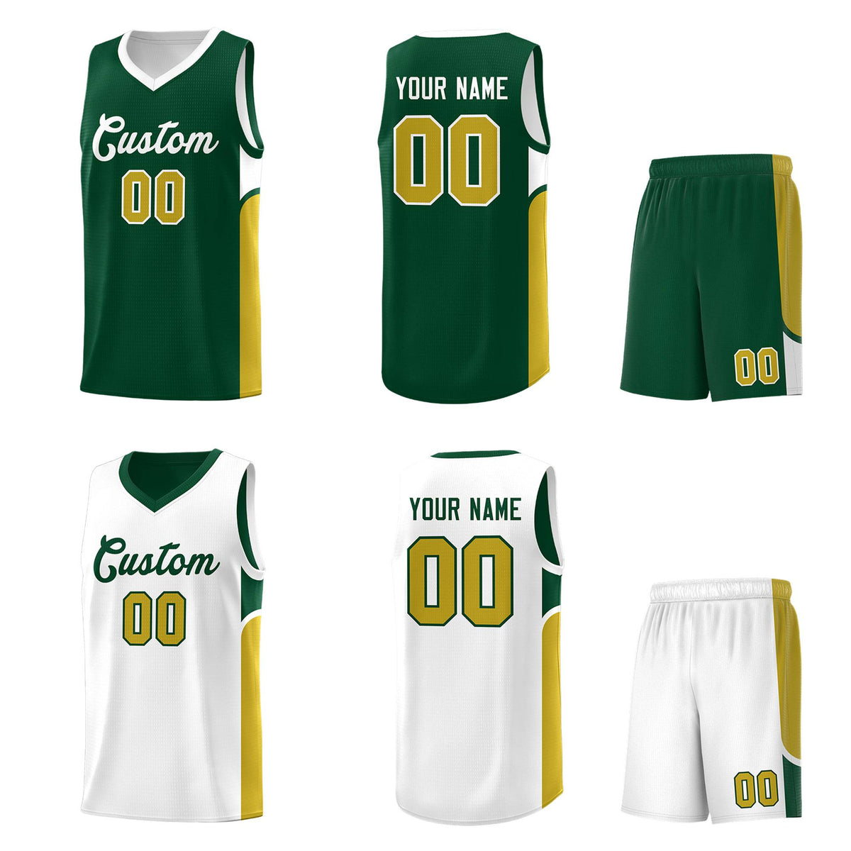 Custom Green White Side U-shaped Patttern Double Side Sports Uniform Basketball Jersey