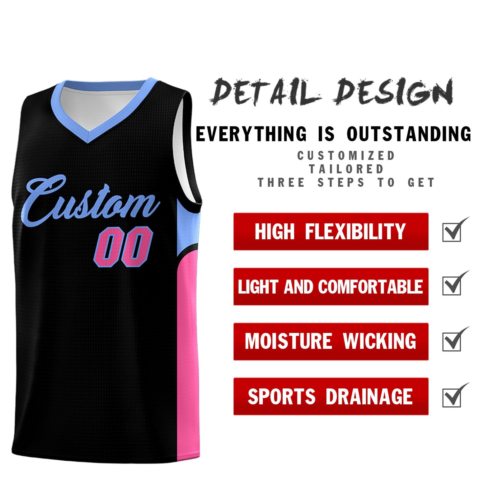Custom Black White Side U-shaped Patttern Double Side Sports Uniform Basketball Jersey