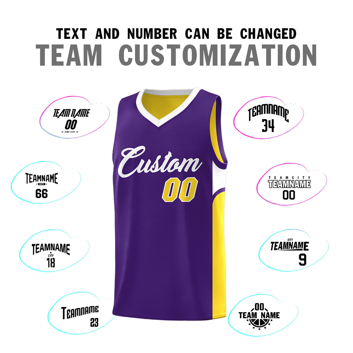 Custom Purple Gold Side U-shaped Patttern Double Side Sports Uniform Basketball Jersey