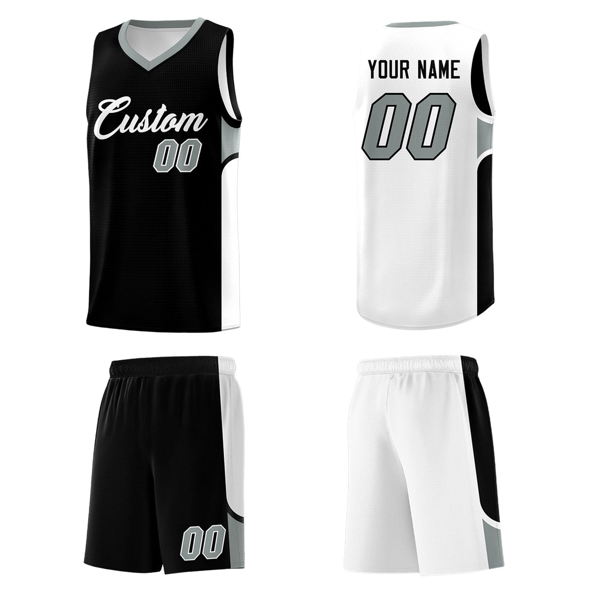 Custom Black White Side U-shaped Patttern Double Side Sports Uniform Basketball Jersey