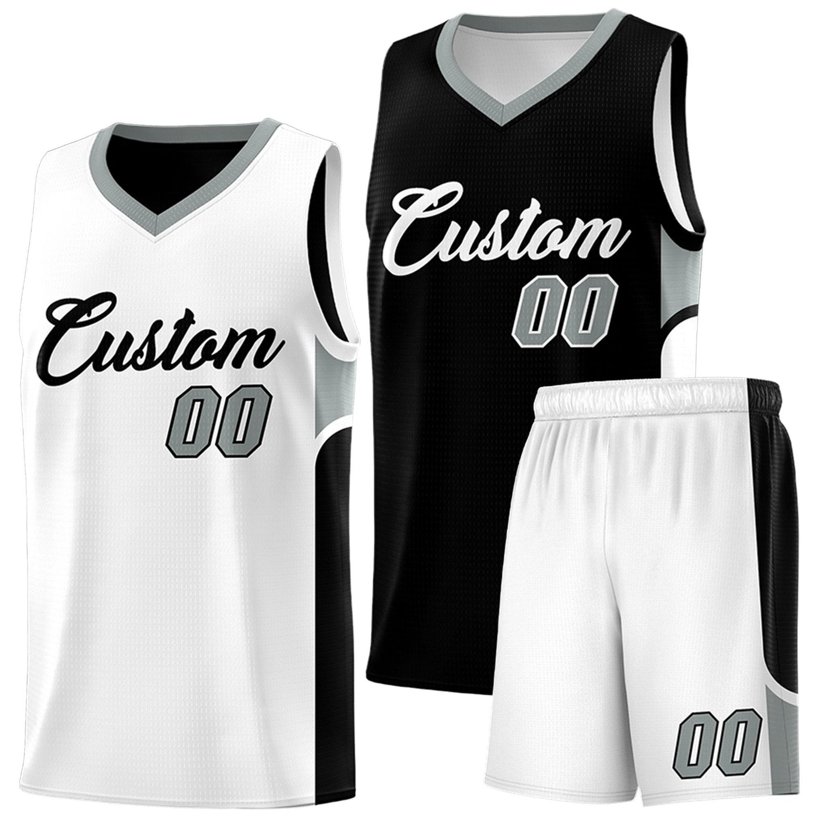 Custom Black White Side U-shaped Patttern Double Side Sports Uniform Basketball Jersey