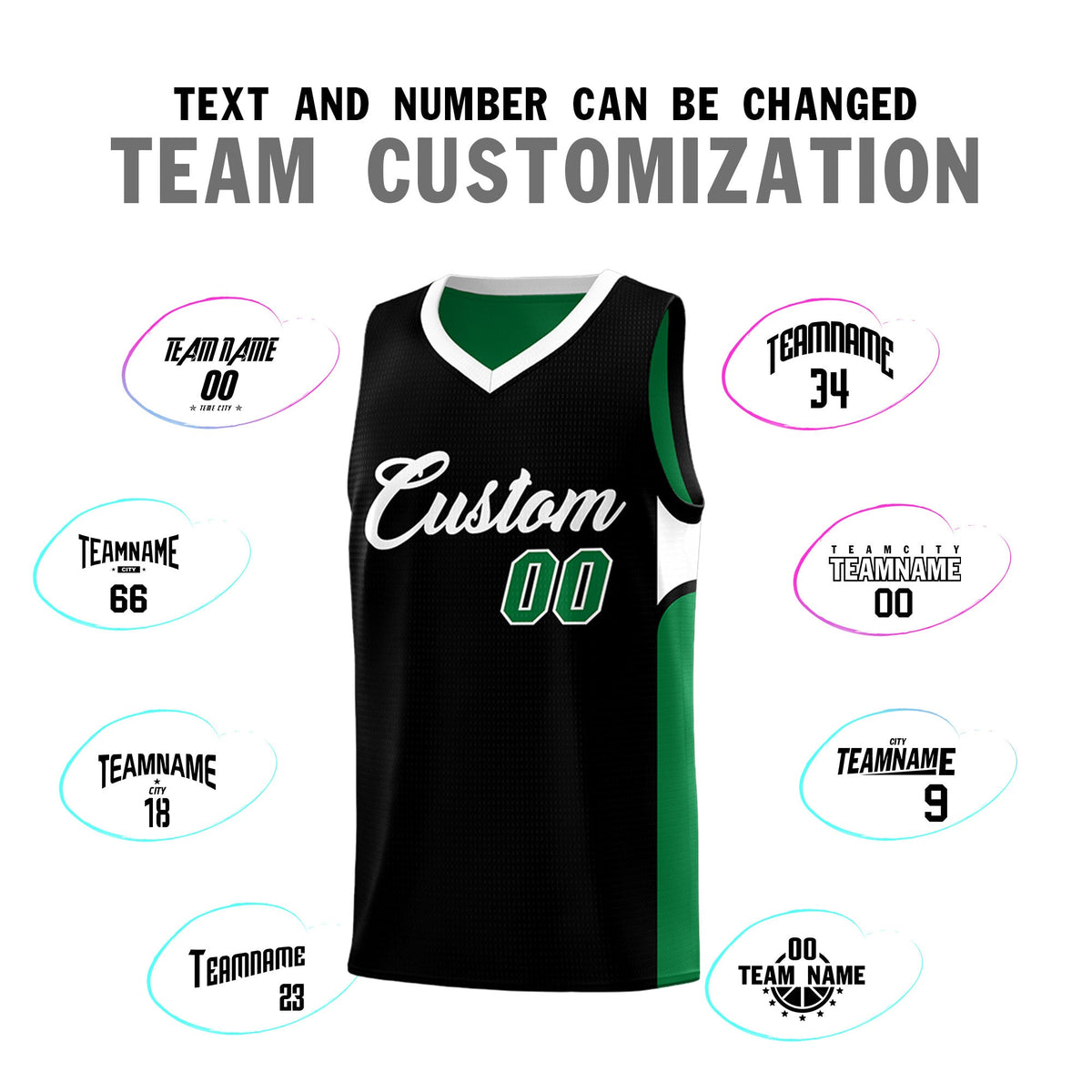 Custom Black Kelly Green Side U-shaped Patttern Double Side Sports Uniform Basketball Jersey