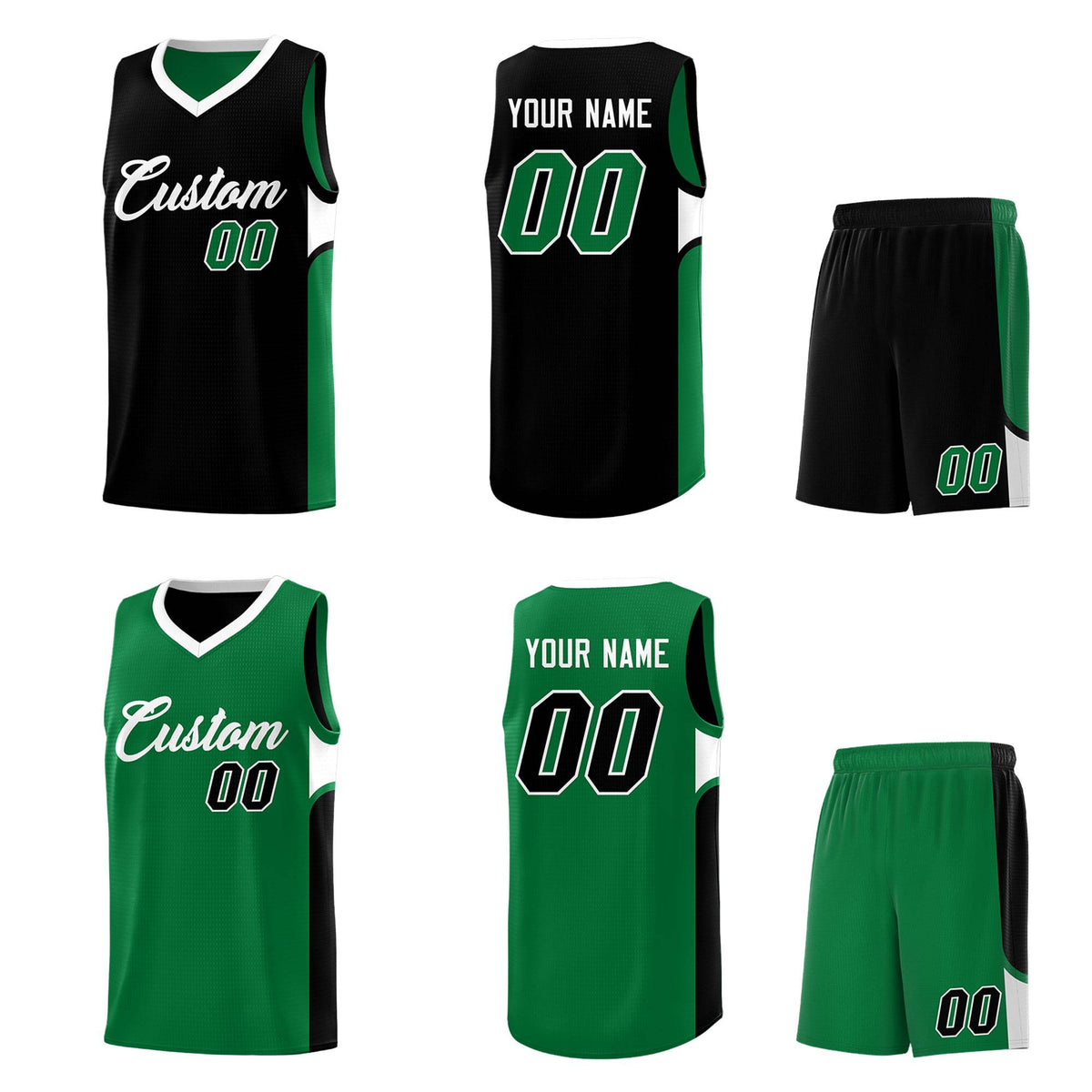 Custom Black Kelly Green Side U-shaped Patttern Double Side Sports Uniform Basketball Jersey