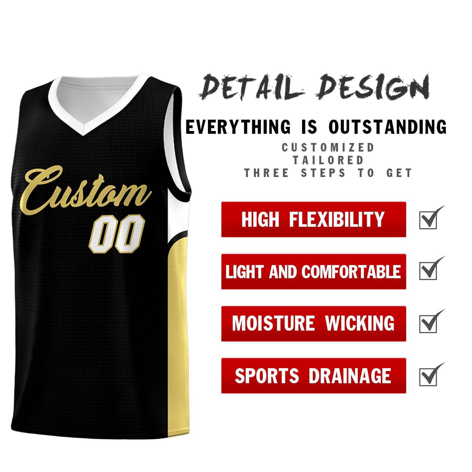 Custom Black White Side U-shaped Patttern Double Side Sports Uniform Basketball Jersey
