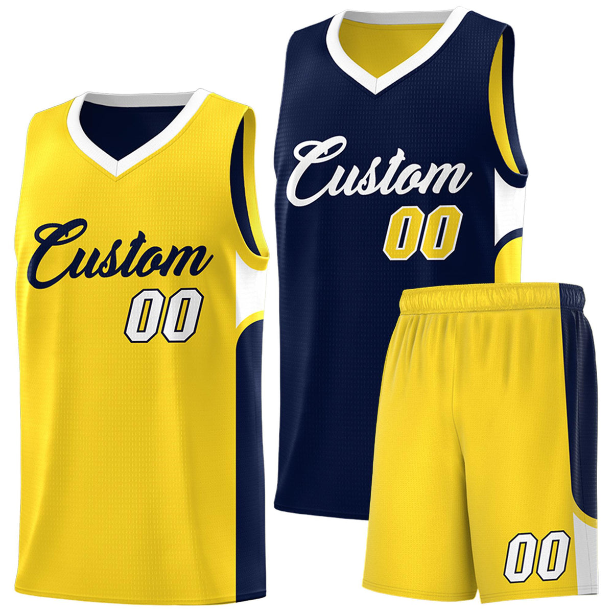 Custom Navy Gold Side U-shaped Patttern Double Side Sports Uniform Basketball Jersey