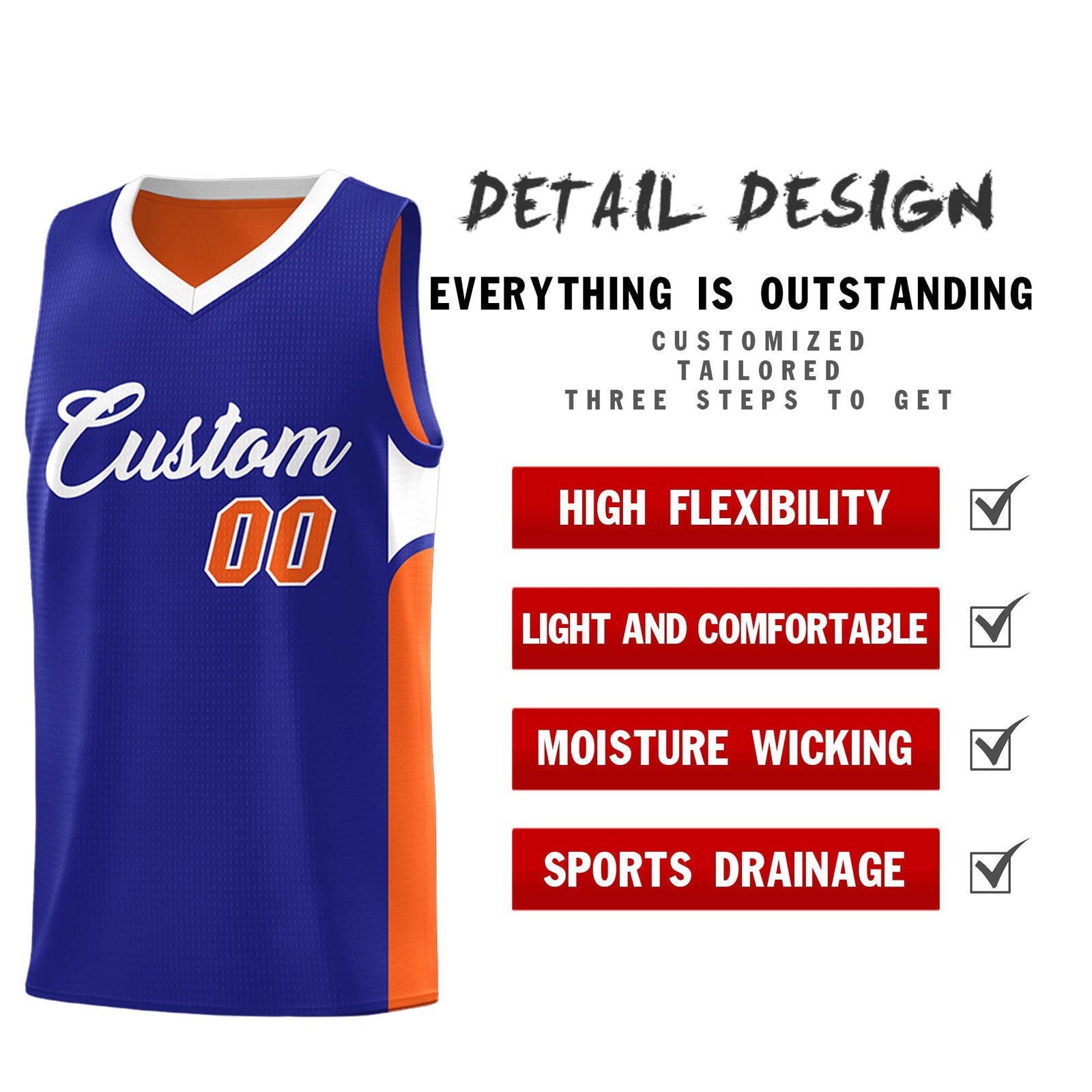 Custom Royal Orange Side U-shaped Patttern Double Side Sports Uniform Basketball Jersey